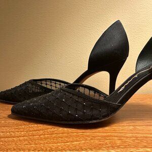 Nina Black Mesh Heels with Rhinestone Detail, Size 7.5 – Elegant Dress Pumps
